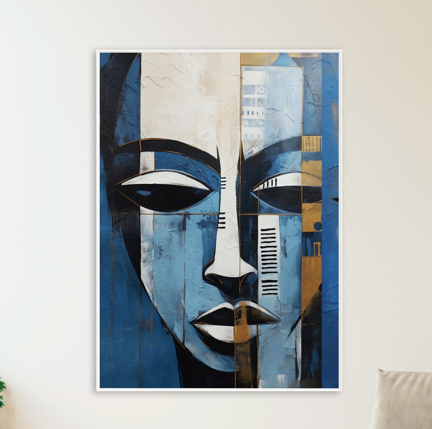 Abstract African American woman portrait – navy blue and grey modern painting for minimalist living room