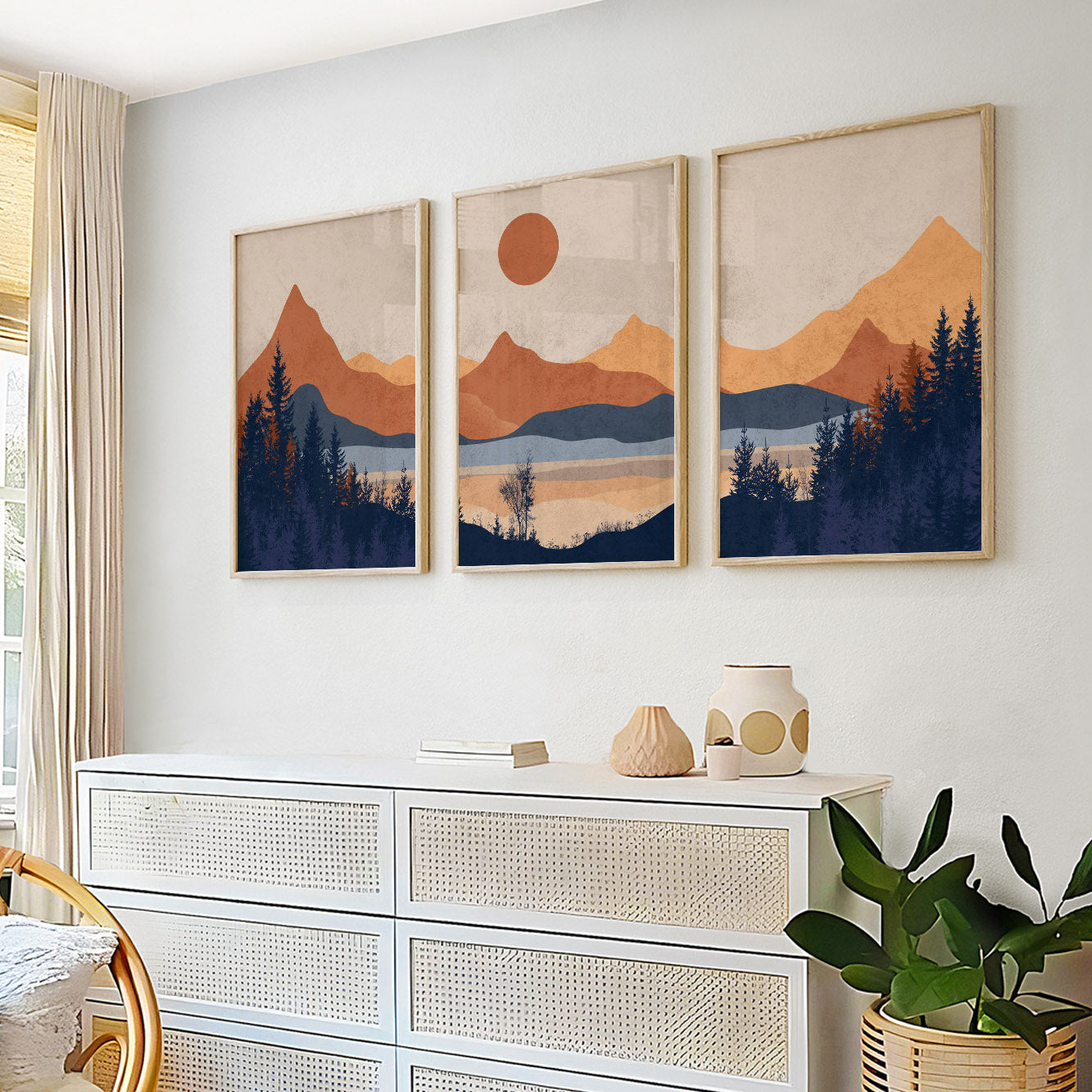 Abstract Mountain Wall Art Set of 3 – Bright Terracotta Blue Minimalist Landscape, Mid Century Wall Decor