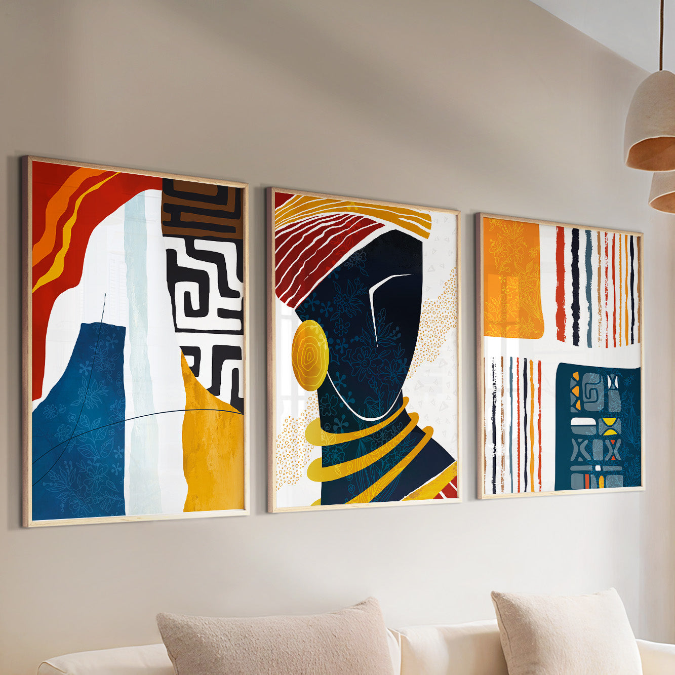 Colorful tribal black woman prints – minimalist African art set of 3 for stylish home decor