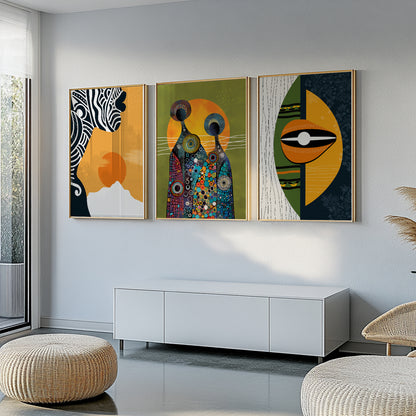 Set of 3 vibrant abstract African prints, black woman portrait with bright and colorful figures