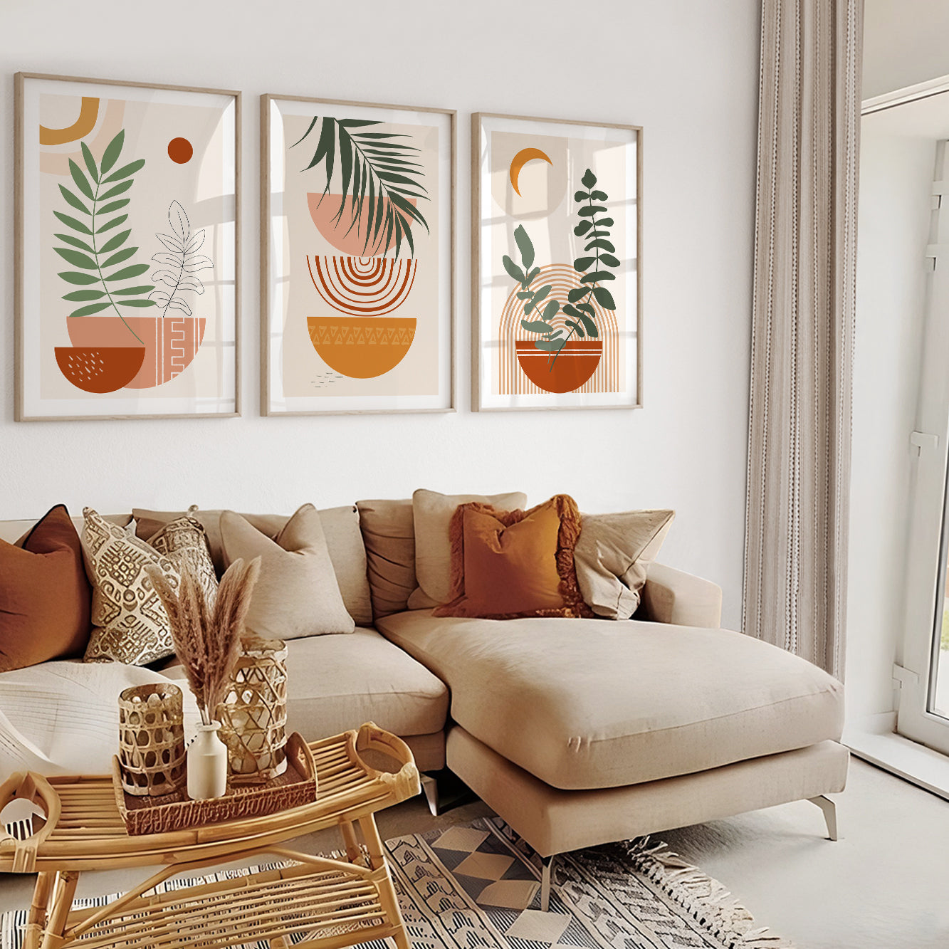 Terracotta beige boho print set of 3. Mid century modern neutral wall art posters. Bohemian livingroom, above bed large gallery wall art