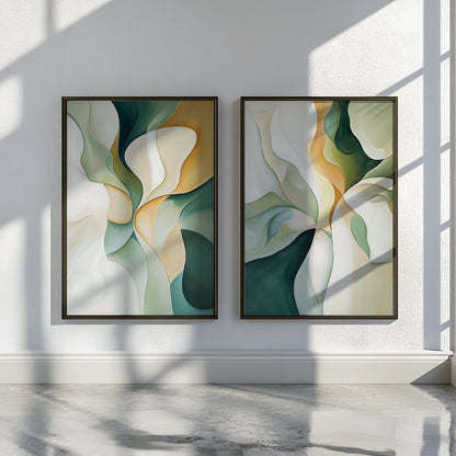 Emerald Green Beige Set of 2 – Modern Brush Stroke Abstract Art