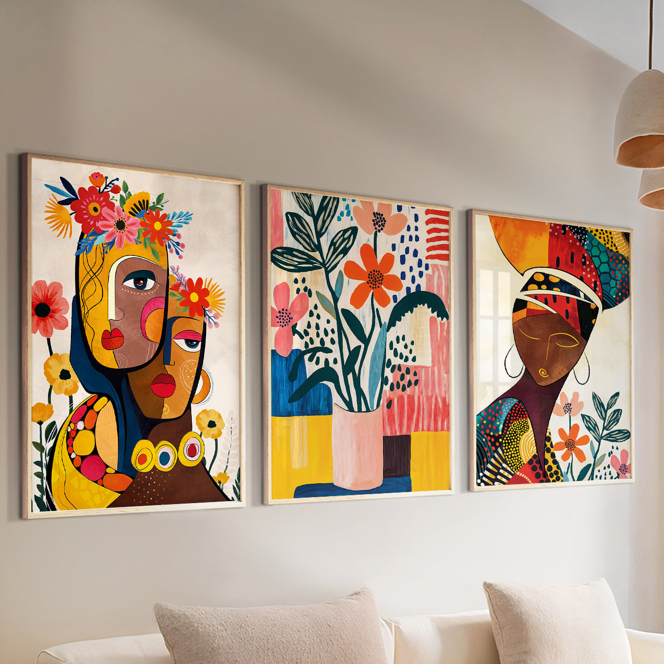 Modern boho African art set of 3, colorful nature posters for aesthetic large bedroom wall decor