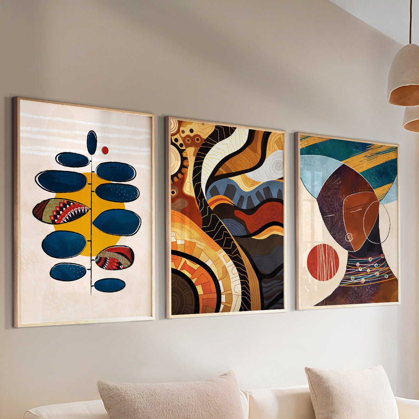 Set of 3 modern colorful African American art prints, abstract ethnic black woman for stylish room decor