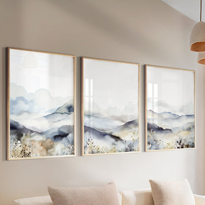 Neutral Abstract Mountain Set of 3 – Mid-Century Minimalist Art