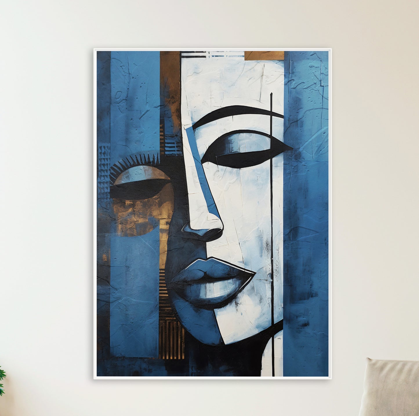 Navy blue and grey abstract woman painting – modern African American art, minimalist living room decor