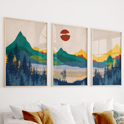 Colorful Abstract Mountain Set of 3 Prints – Minimalist Landscape Poster, Boho Wall Art