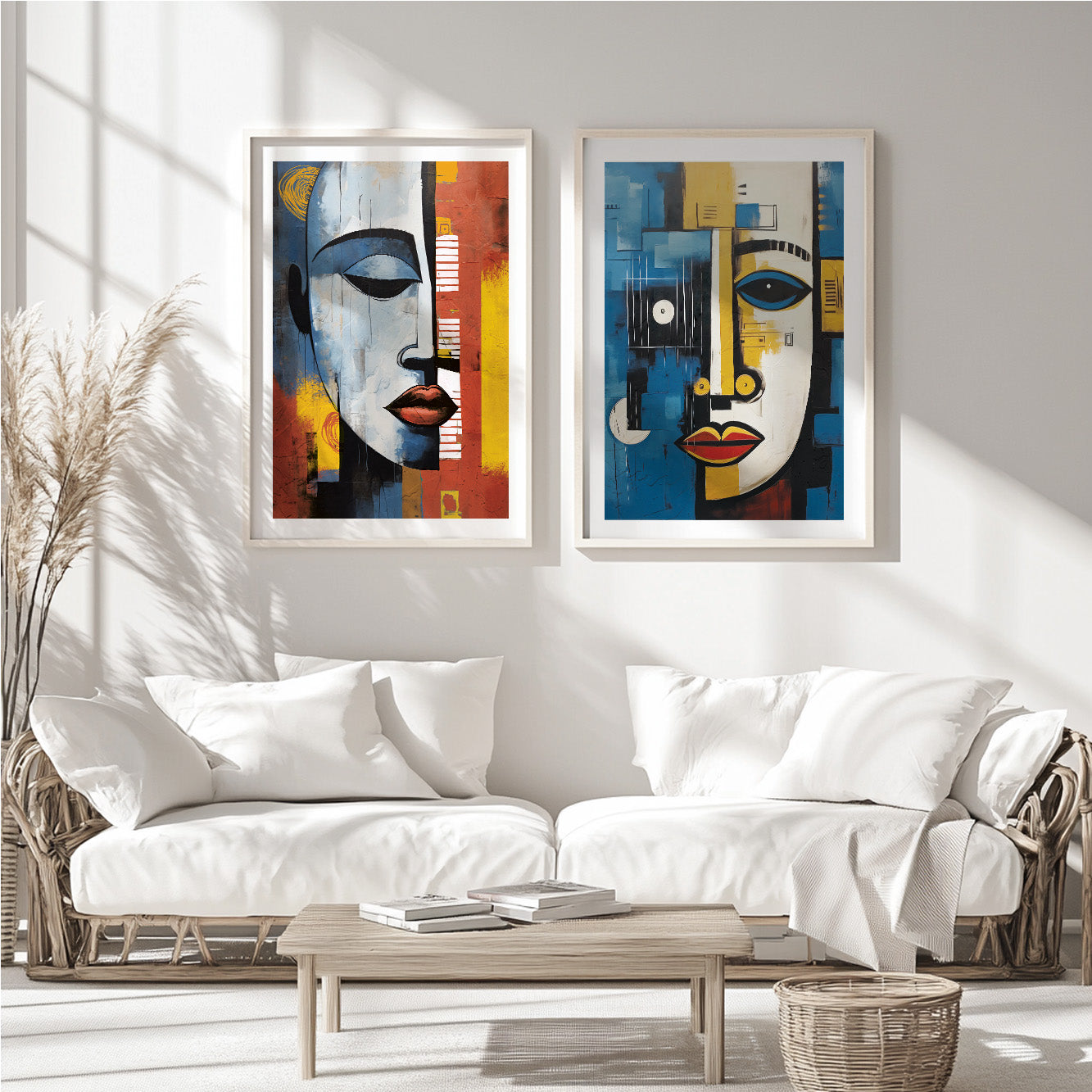 Colorful abstract African art set of 2 prints – woman and man portrait wall art, contemporary above bed decor for aesthetic room