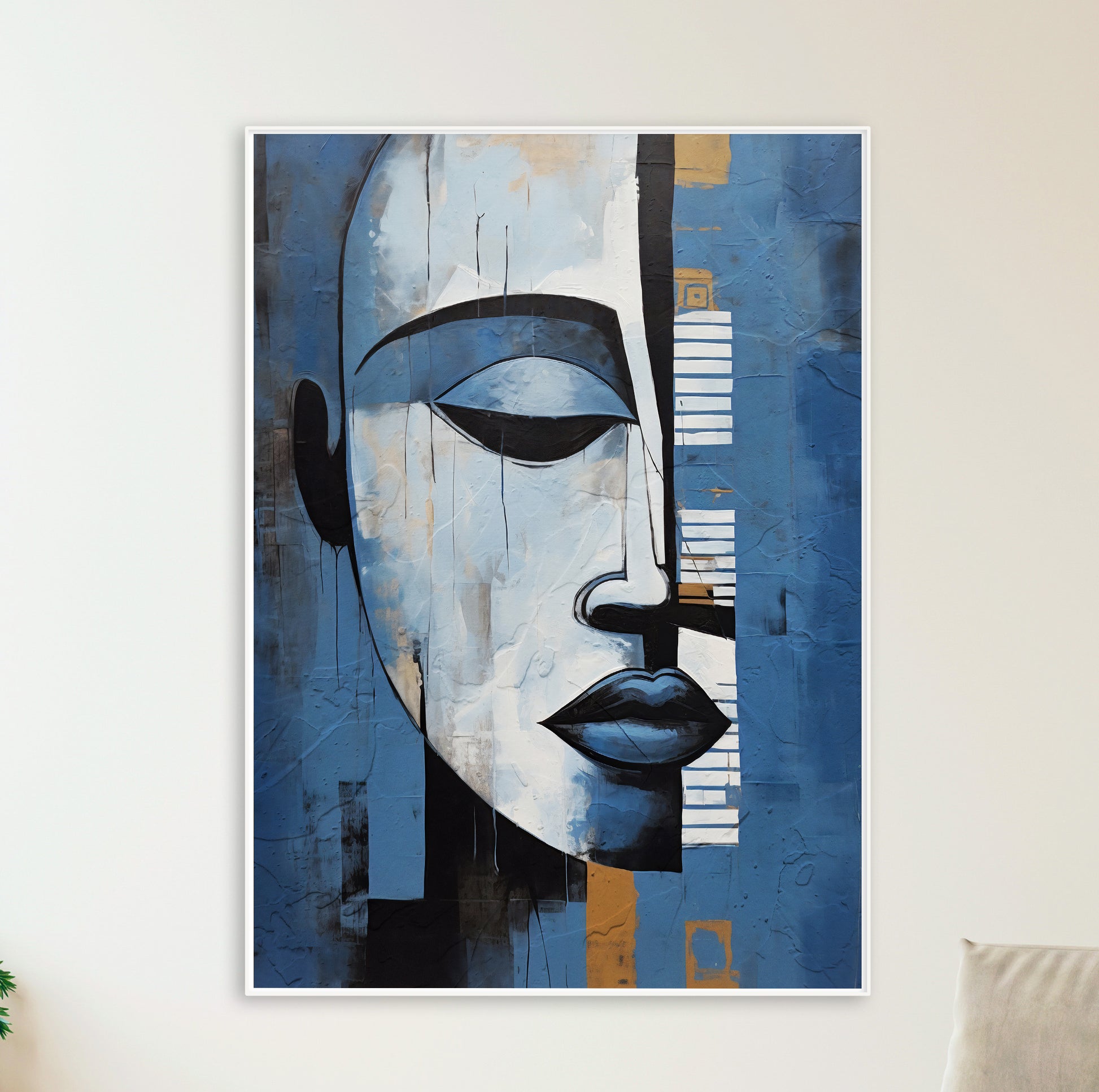 Navy blue grey abstract art print – minimalist African American portrait, stylish living room decor