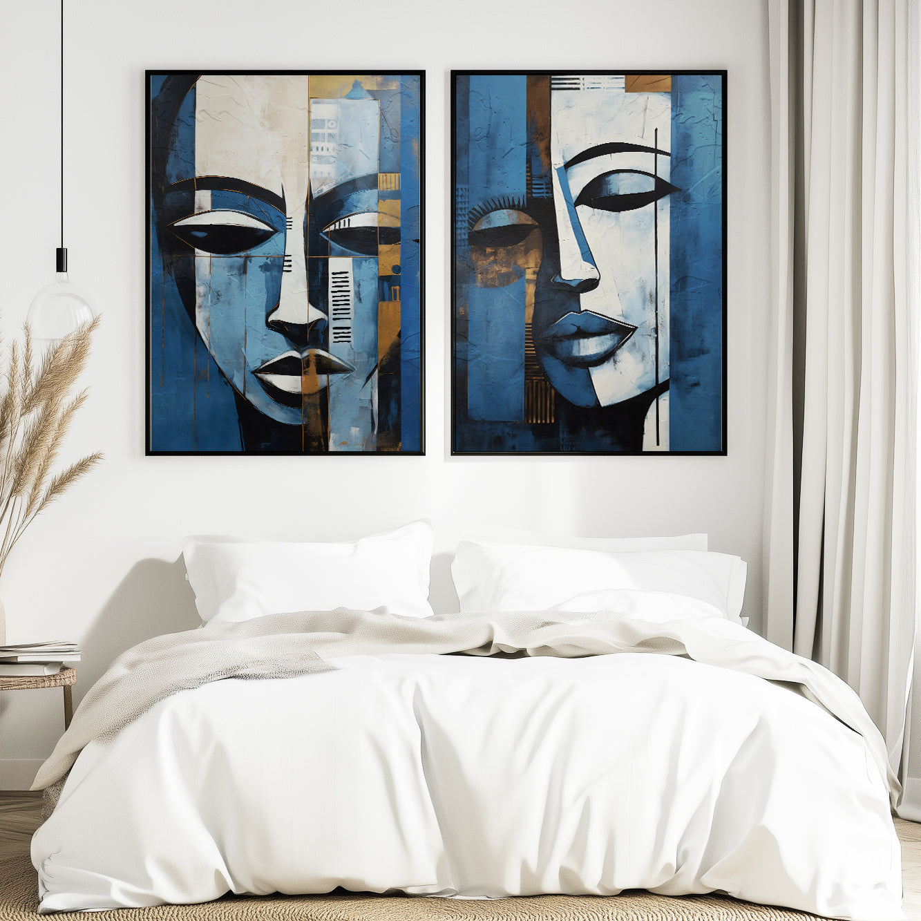 Abstract blue woman face print set, modern minimalist wall art in deep navy tones for bedroom 