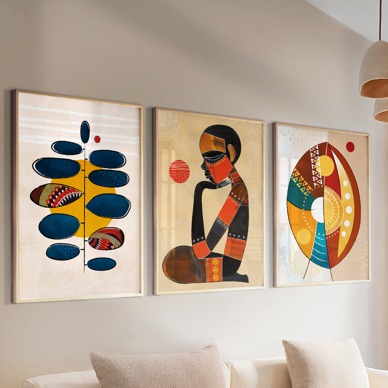 Contemporary African wall art set – abstract 3 prints, ethnic gallery set for above bed aesthetic room decor