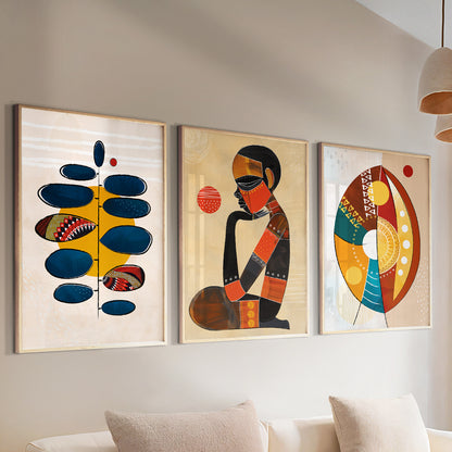 Contemporary African wall art set – abstract 3 prints, ethnic gallery set for above bed aesthetic room decor