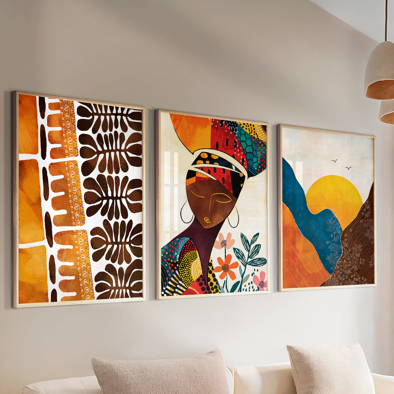 Modern African American gallery wall art – abstract black women portrait prints set of 3, minimalist above bed decor