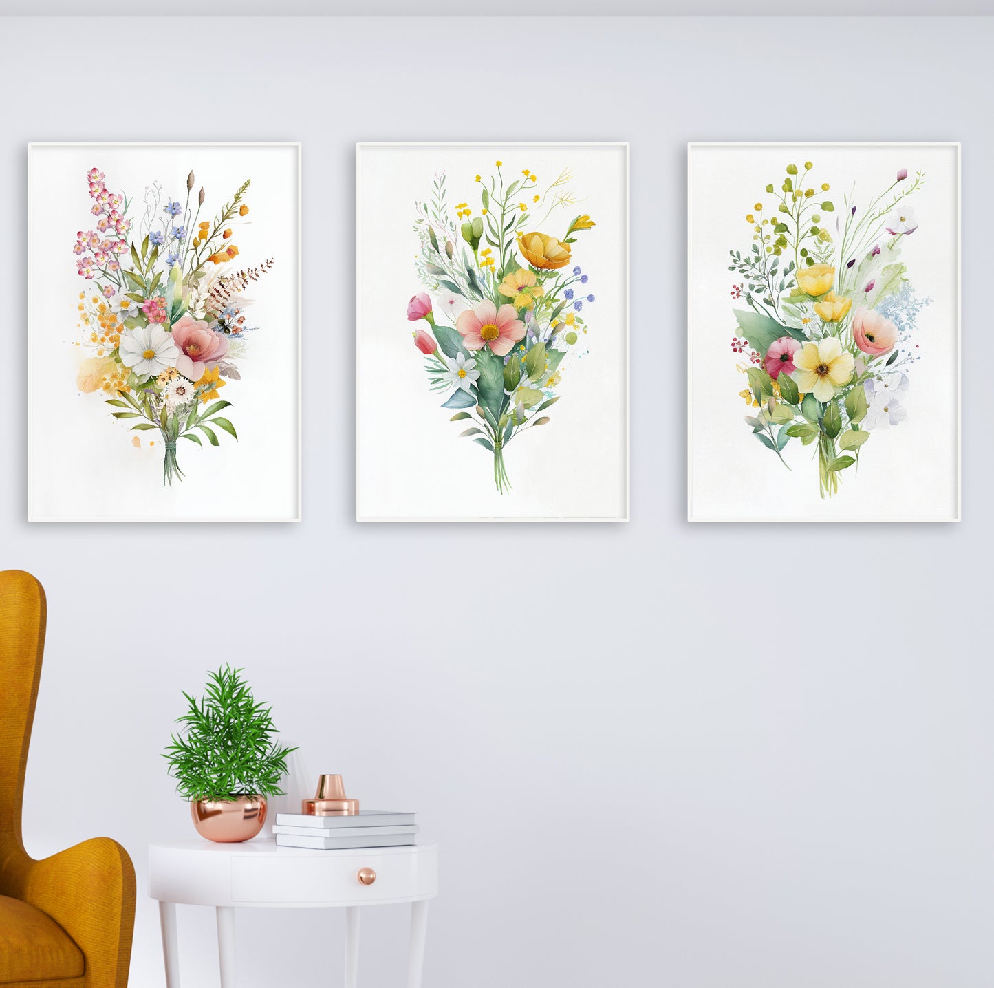 Set of 3 Pastel Flower Bouquet Wall Art Prints – Soft Botanical Watercolor Posters for Feminine, Romantic or Cottagecore Interiors