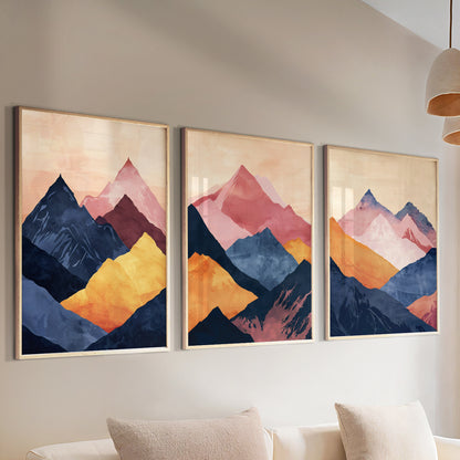 Abstract Mountain Art Set of 3 – Vibrant Navy Blue and Pink Landscape Posters