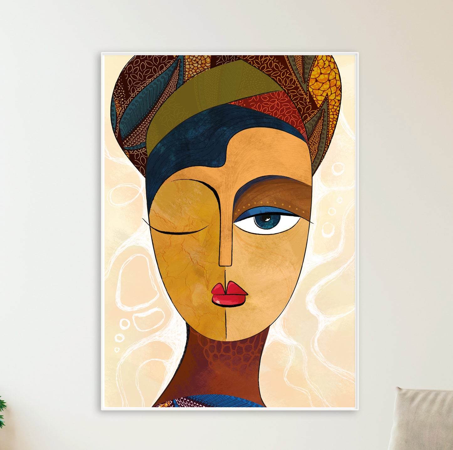 Modern African American art – abstract African art painting, black woman portrait, minimalist contemporary wall decor