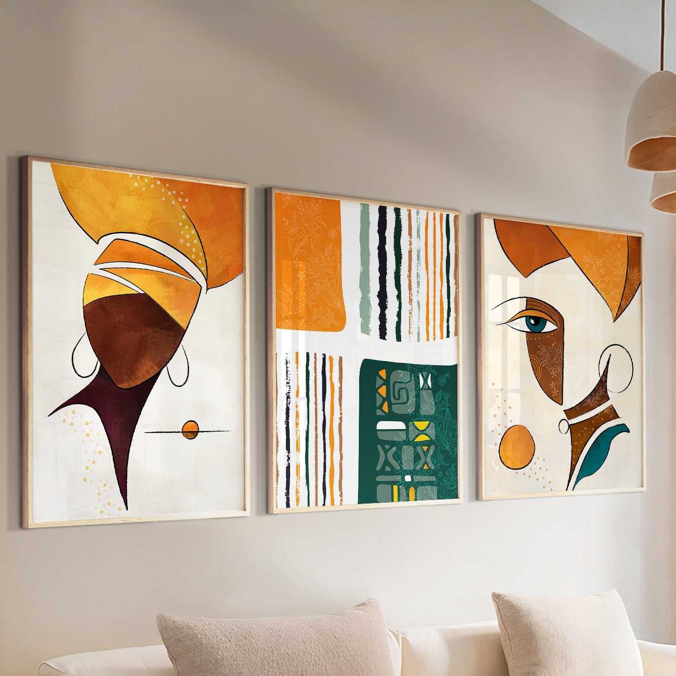 Vibrant abstract African art set, 3 extra large ethnic women posters for gallery wall and home decor