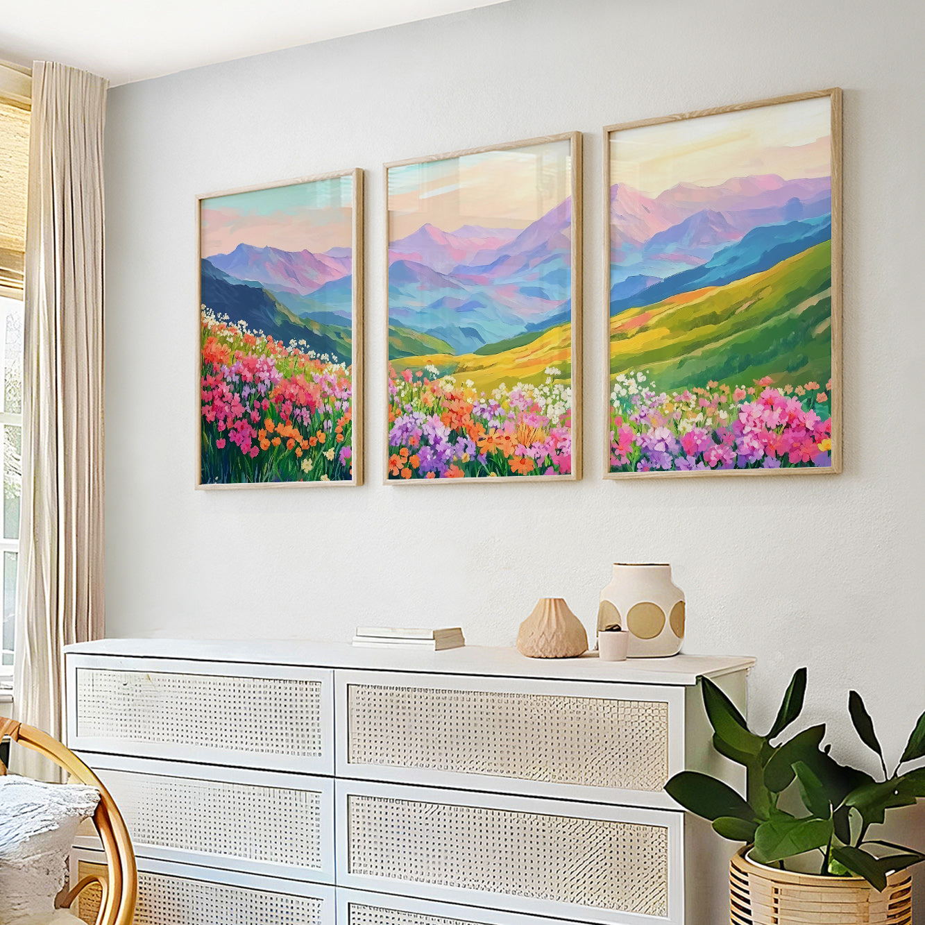 Set of 3 Colorful Mountain Prints – Wild Flowers Landscape Art for Boho Nature Gallery Wall