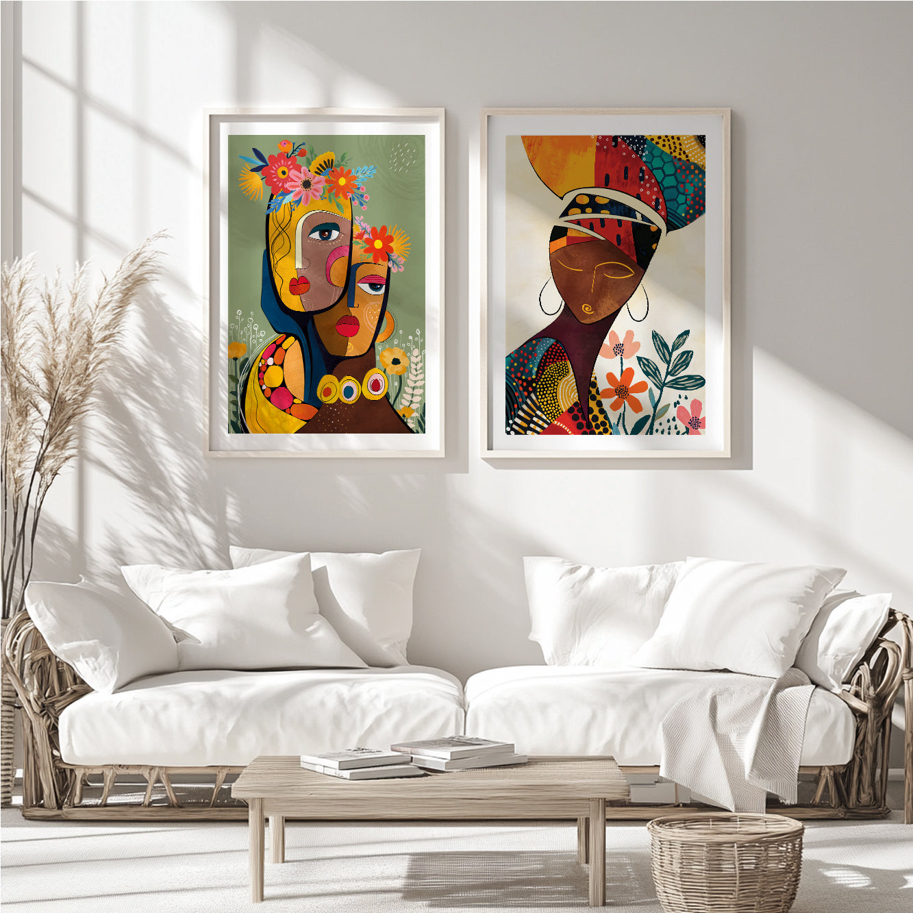 Boho floral art set of 2 prints, abstract black woman portraits in modern African American style