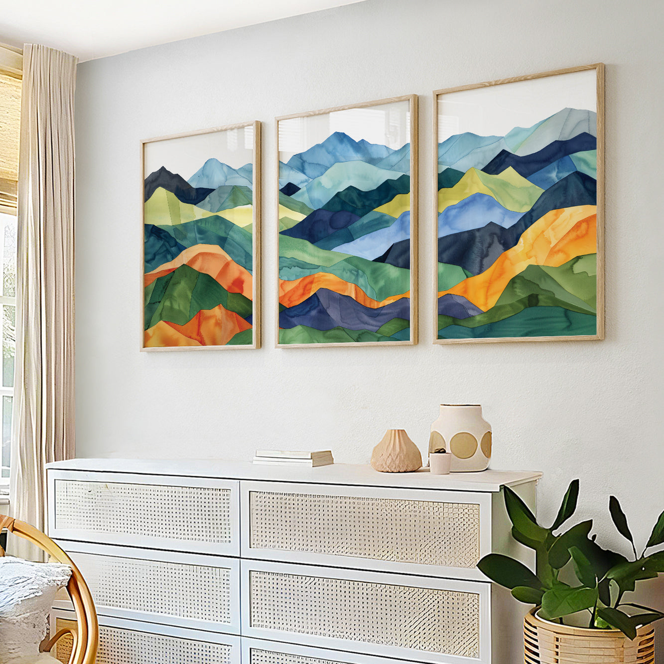 Set of 3 Colorful Mountain Art Prints – Mid Century Modern Abstract Wall Decor for Living Room