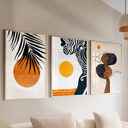 Colorful abstract African wall art set of 3 prints – black woman portrait, modern African American art, minimalist room decor