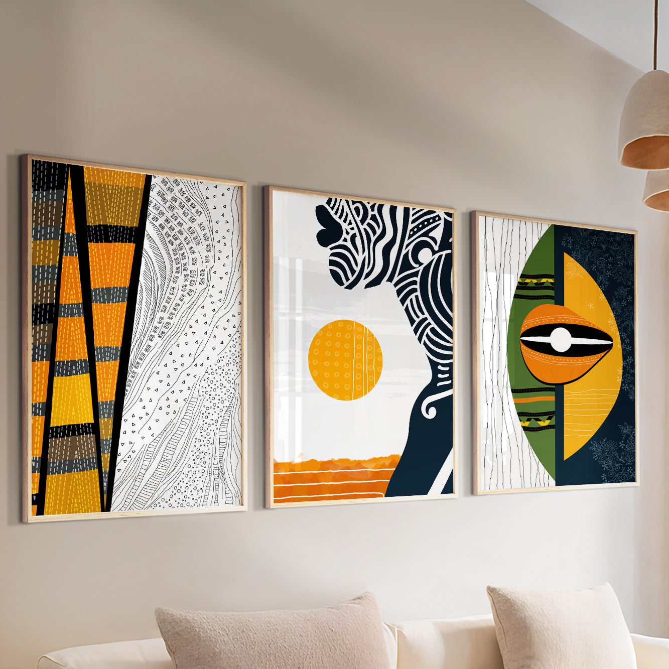 3-piece African American art set, abstract black woman portrait in bold colors