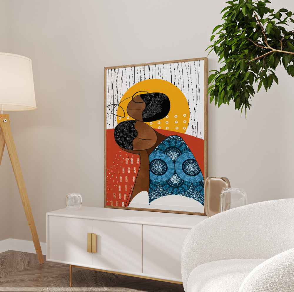 Bright modern abstract art of black woman with tribal influences in the living room.