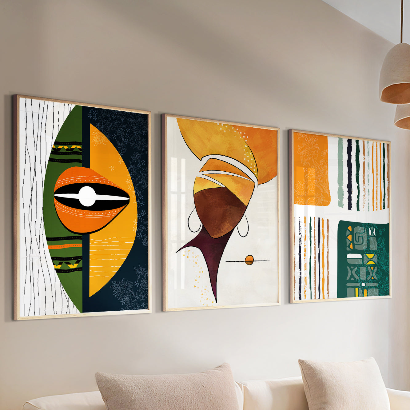 Extra large colorful African American art set of 3, abstract ethnic prints for contemporary room decor