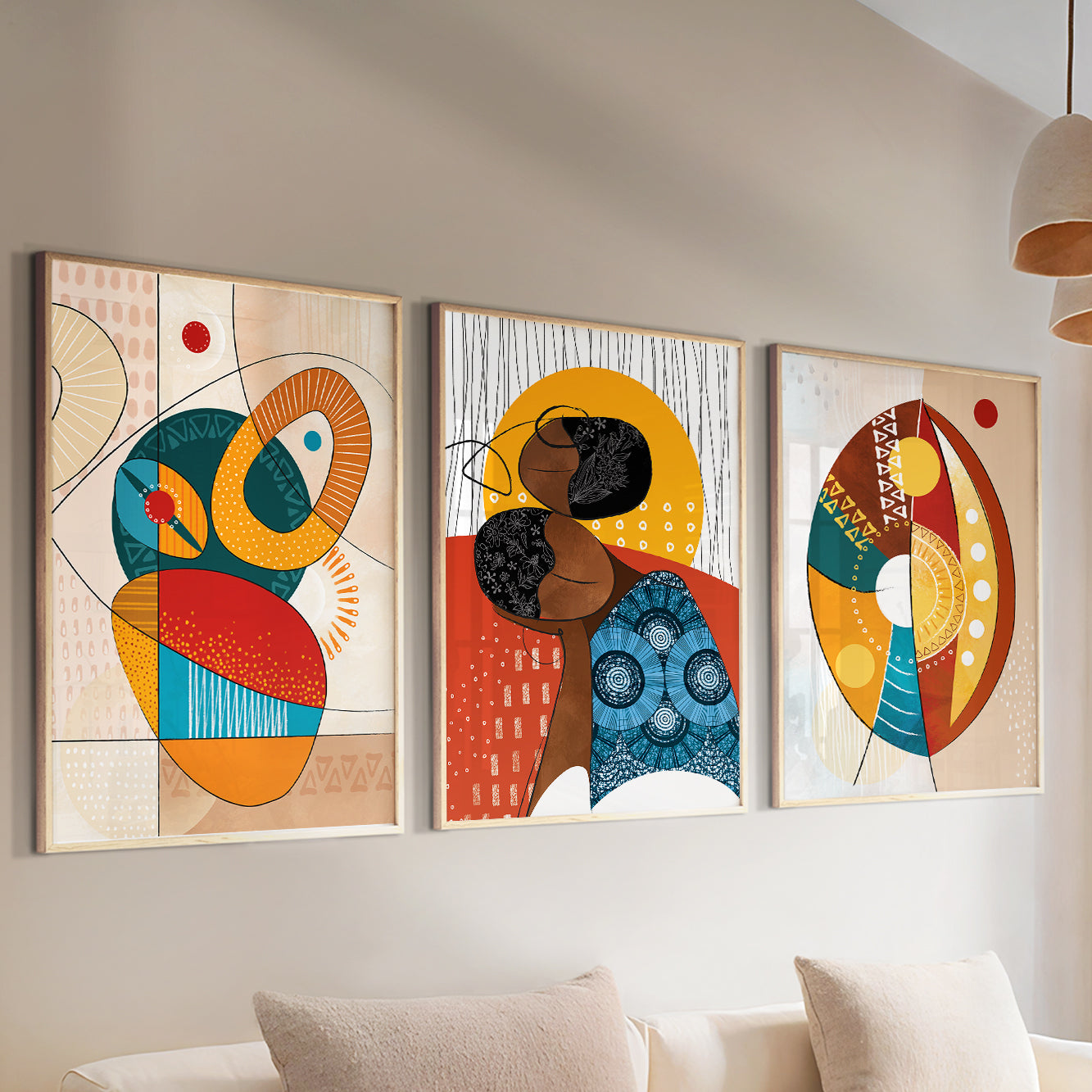 Set of 3 abstract African prints, contemporary African American woman art for colorful gallery wall