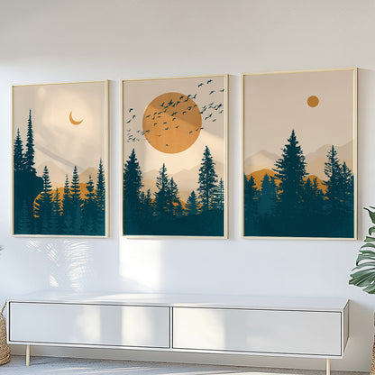 Set of 3 Mountain Wall Art – Mid Century Modern Abstract Landscape in Terracotta and Deep Blue for Living Room