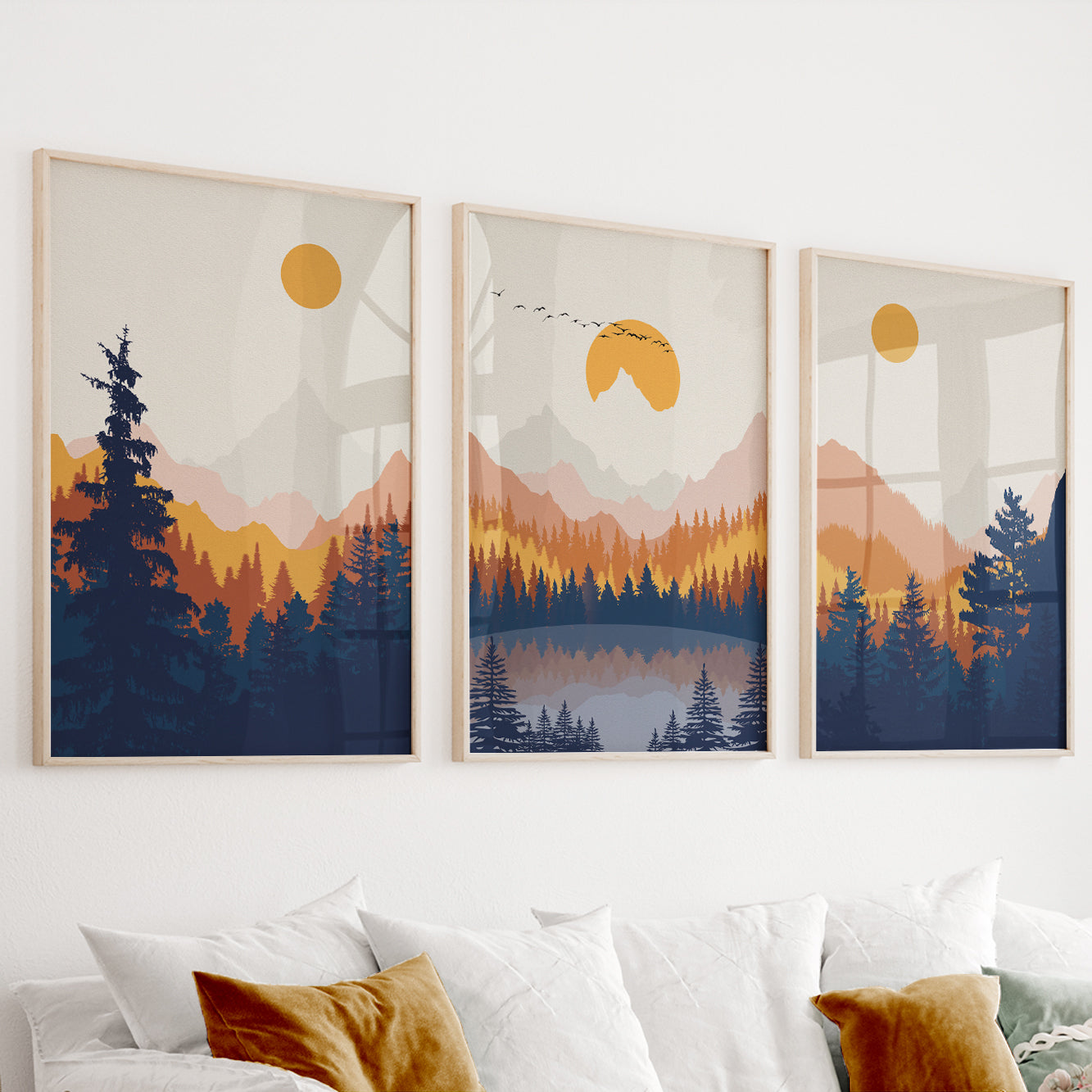 Mountain Wall Art Set of 3 Prints – Modern Terracotta Navy Blue Nature Posters, Minimalist Landscape Gallery Wall Art