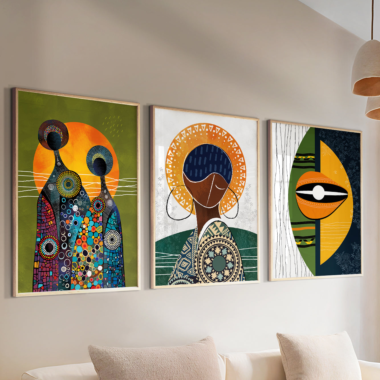 Set of 3 vibrant ethnic women art prints, modern colorful abstract African American gallery wall for home decor