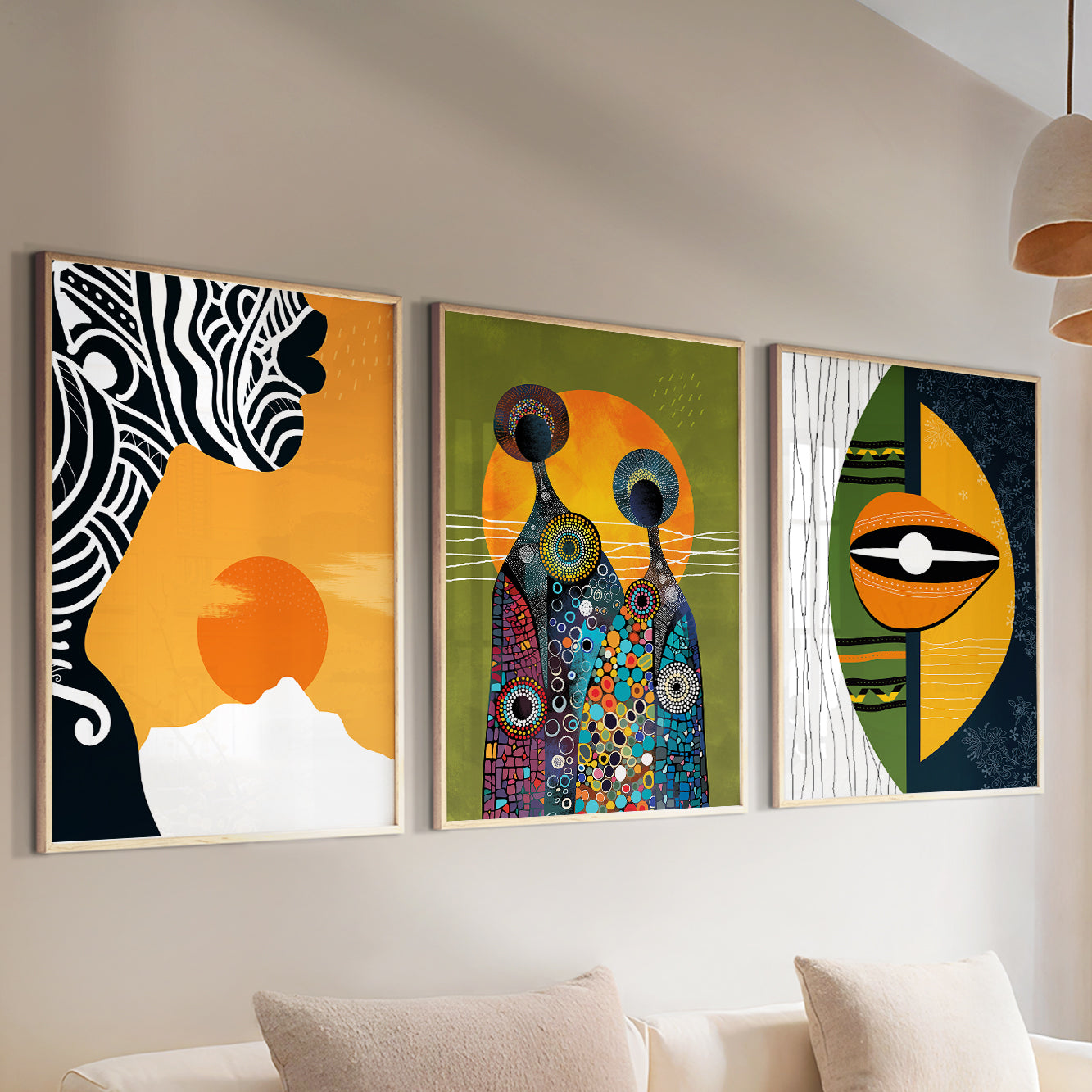 Vibrant abstract tribal black woman art set, 3 bright prints for African home decor