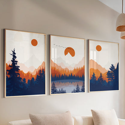  Set of 3 Abstract Mountain Prints – Modern Orange and Deep Blue Minimalist Landscape Poster