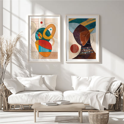 Modern abstract African American art set – two colorful black woman portraits for cultural room decor