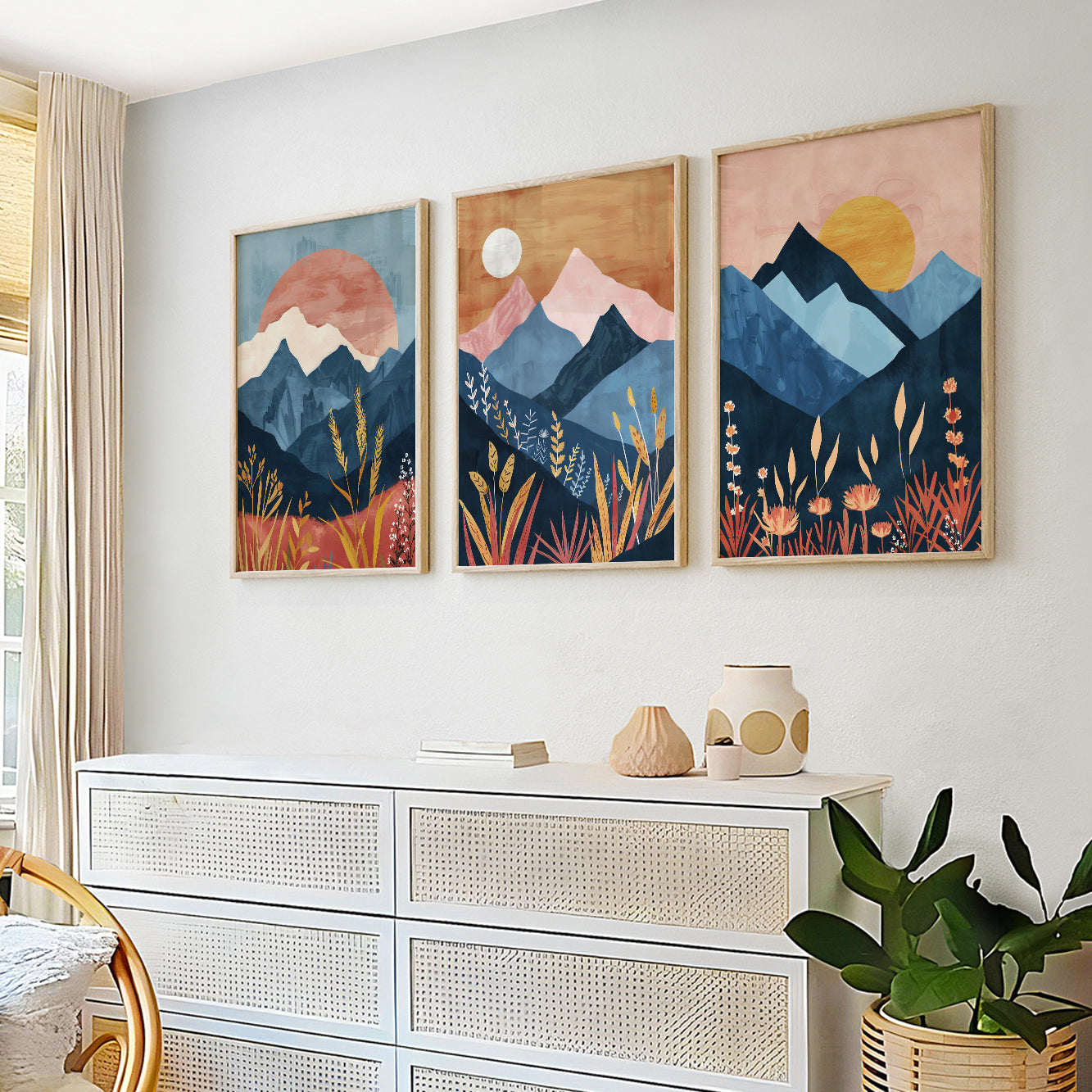 Set of 3 Colorful Boho Mountains Wall Art – Mid Century Aesthetic Decor