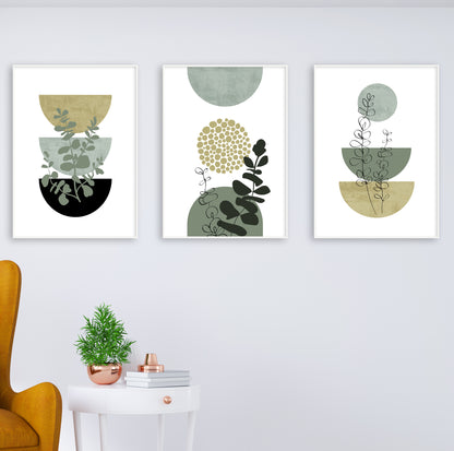 Set of 3 Green Boho Botanical Abstract Wall Art Prints – Modern Minimalist Plant Posters with Olive, Black, and Neutral Geometric Shapes
