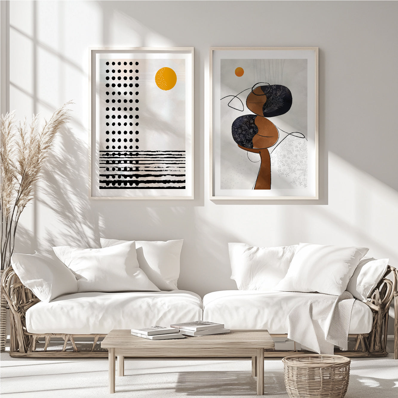 Neutral abstract African American woman portrait set – mid-century modern art prints for living room gallery wall or above bed decor