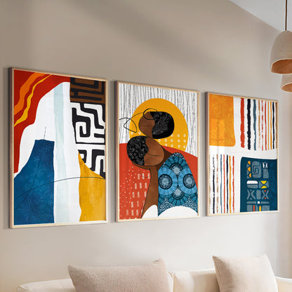 Modern ethnic African art set of 3, extra large abstract prints for bold gallery wall decor