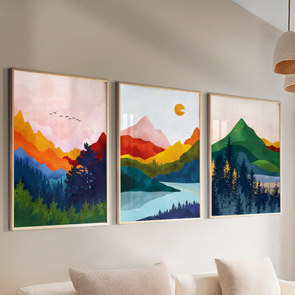 Scandinavian Colorful Vibrant Mountain Art Set – 3 Piece Modern Abstract Nordic Landscape Prints