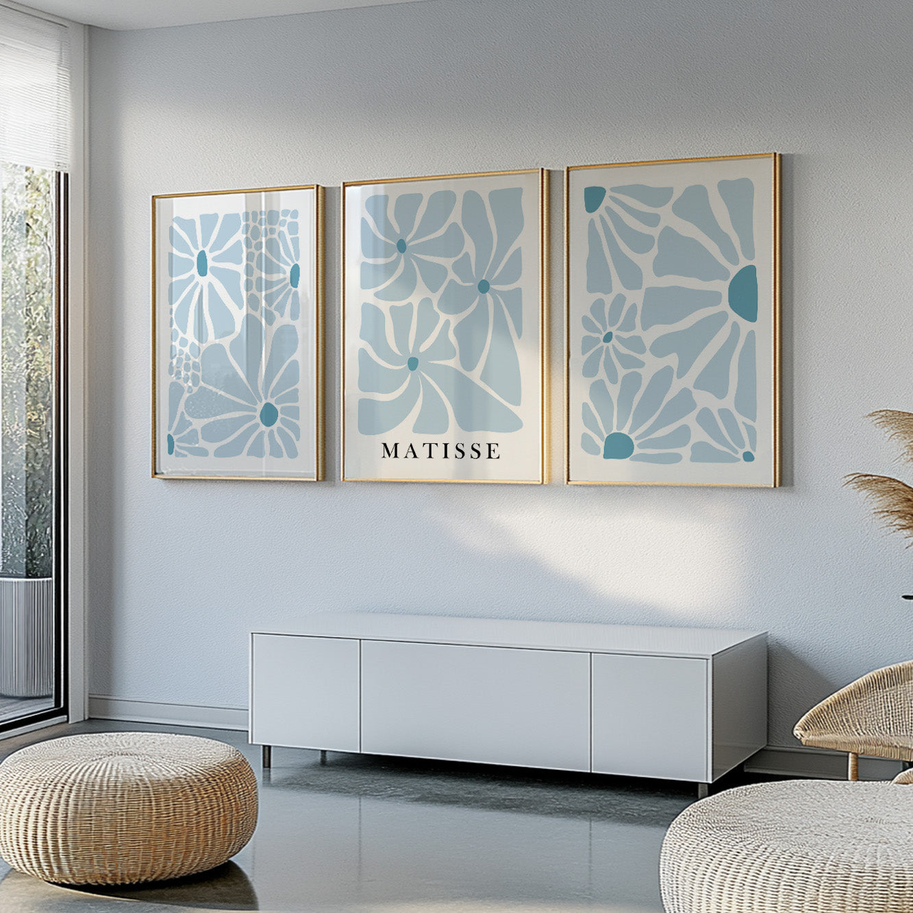 Neutral blue Matisse flower set of 3 print. Light natural minimalist mid century gallery wall set, vintage trendy bedroom wall art prints