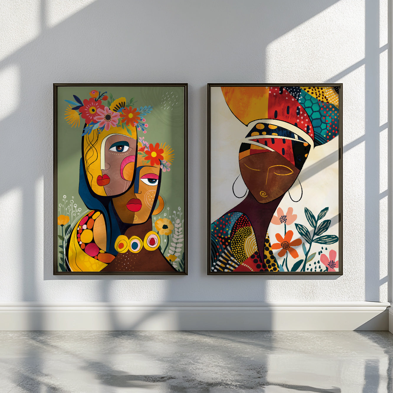 Set of 2 modern African American art prints, vibrant abstract black woman portraits with boho floral accents