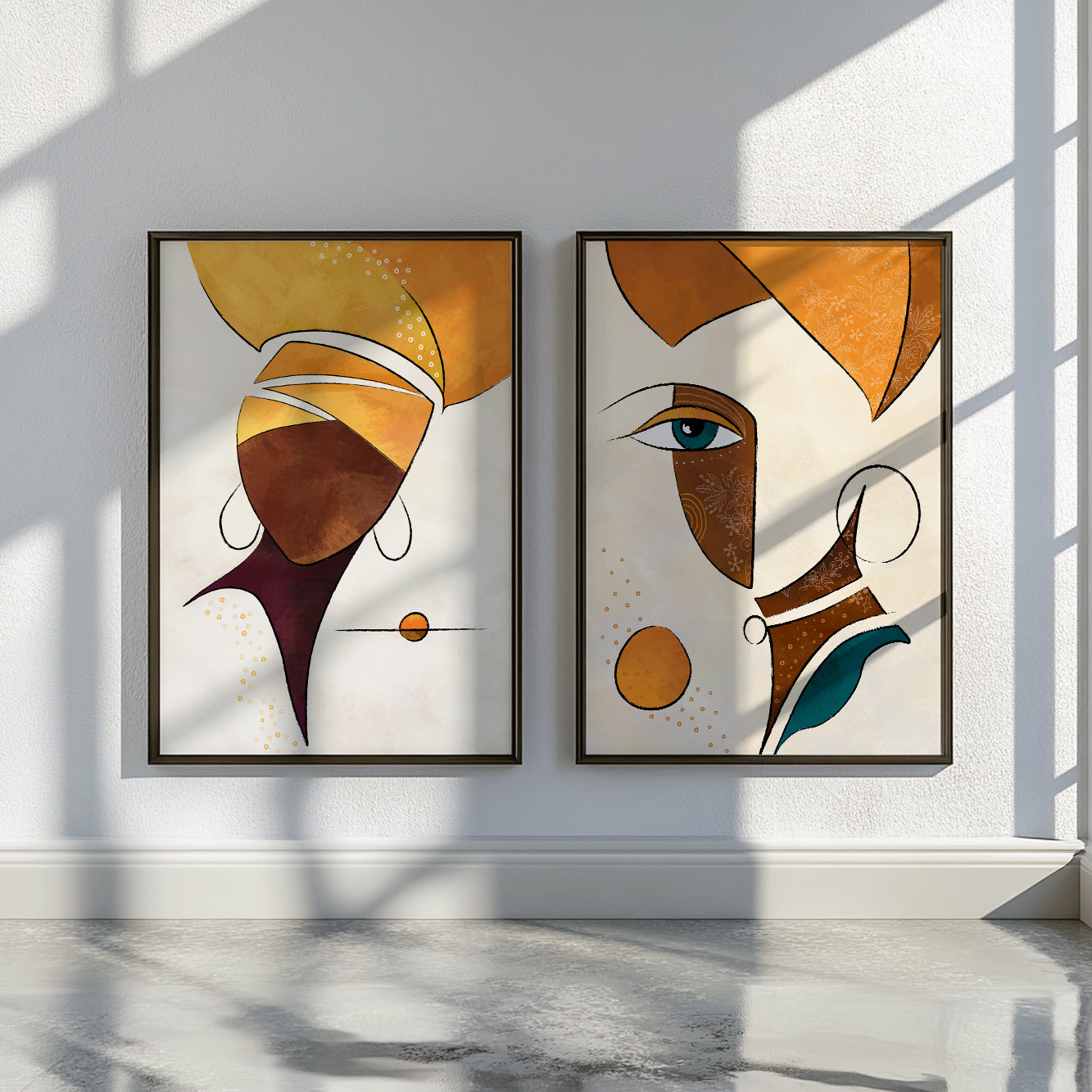 Minimalist abstract black woman and girl faces art set of 2, modern African American prints