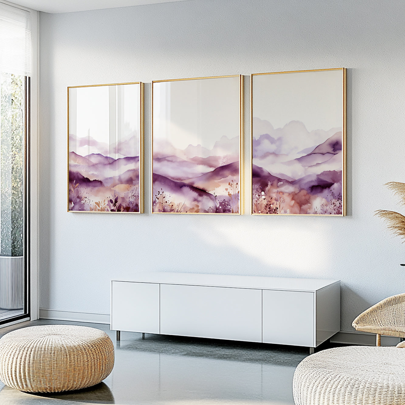 Modern Purple Mountain Set of 3 Prints – Lilac Watercolor Nature Wall Art, Minimalist Landscape