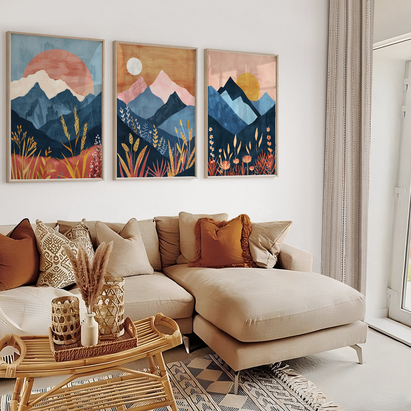 Boho Mountains Wall Art Set – Mid Century Modern Prints for Living Room