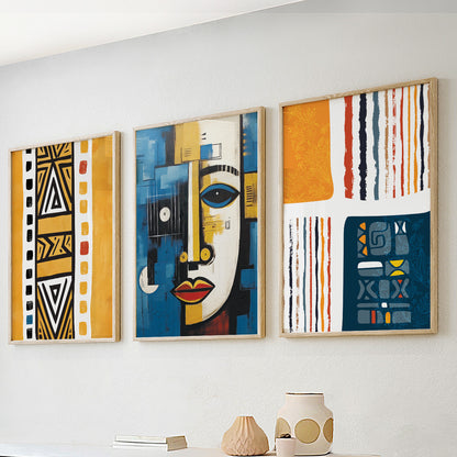 Navy Blue & Yellow African Art Set of 3 – Abstract & Ethnic