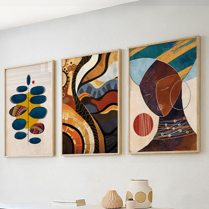 Abstract ethnic black woman art set of 3, contemporary colorful prints for above bed gallery wall