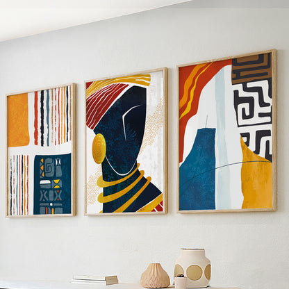 Colorful African Abstract Art Set of 3 – Black Woman Portrait Prints for Home Decor