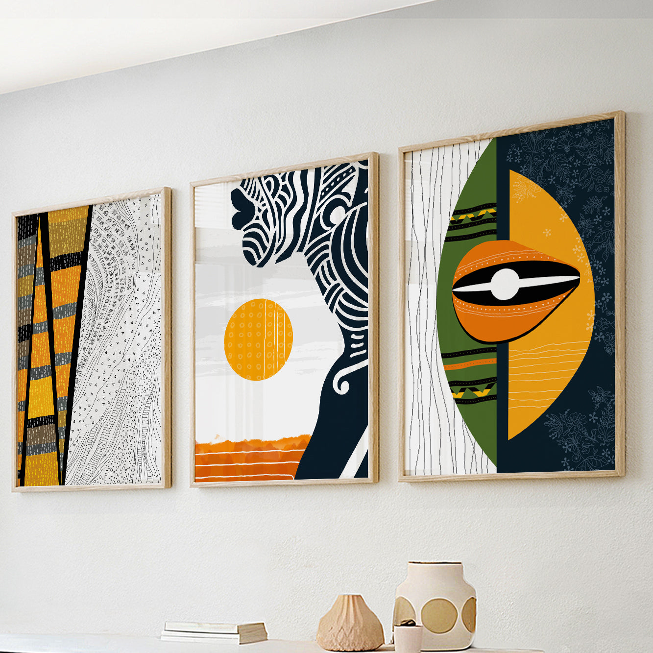 Abstract black woman portrait set of 3, African American art for modern home decor