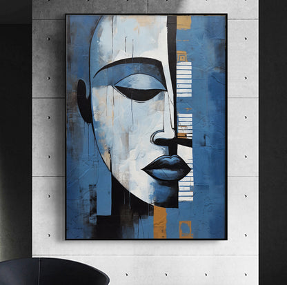 Contemporary abstract woman portrait – navy blue and grey minimalist painting, African American art